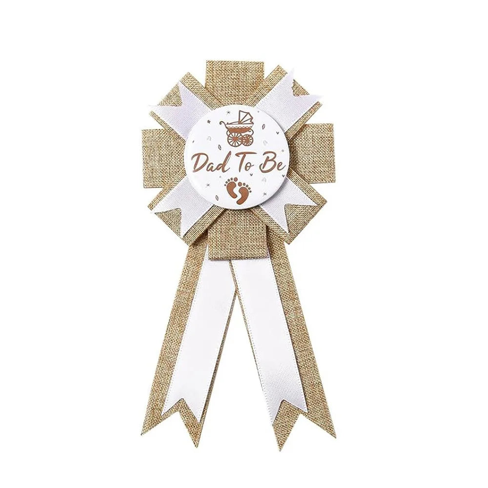 Baby shower series burlap material sash and badge set: 'Mom to Be' sash and 'Dad to Be' badge