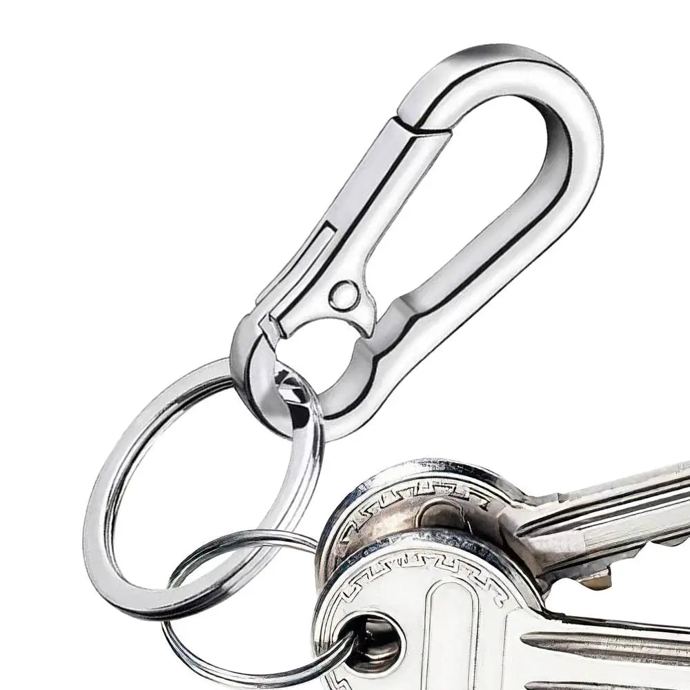 Shiny silver zinc alloy car keychain carabiner ring with a smooth polished finish and secure locking mechanism for anti-lost use.