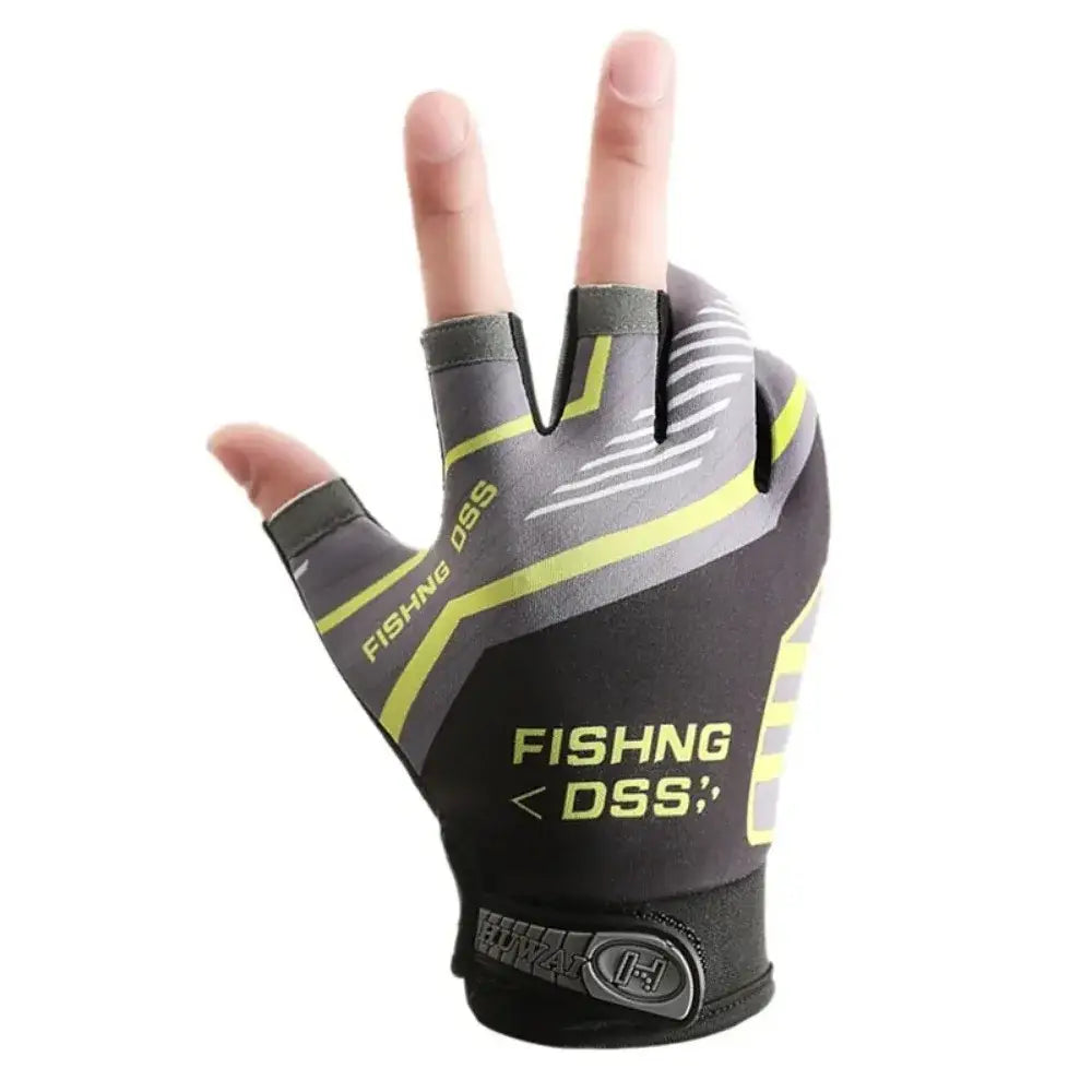 Ice silk three finger fishing gloves in black and neon yellow with gray accents feature a durable fabric design and fishing dss branding on the back side.