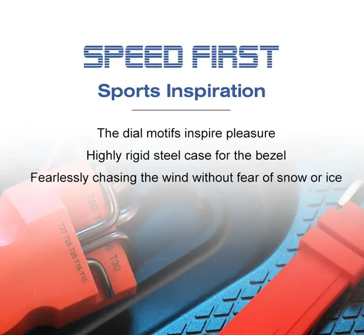 Red and blue Megir men chronograph quartz sport watch with a rigid steel case and textured dial design.