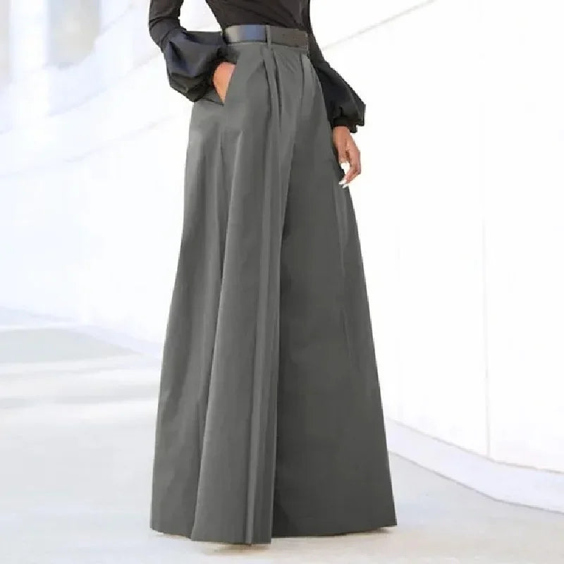 Wide leg pants for women casual high waist trousers in sleek charcoal gray fabric featuring a structured silhouette with prominent front pleats.