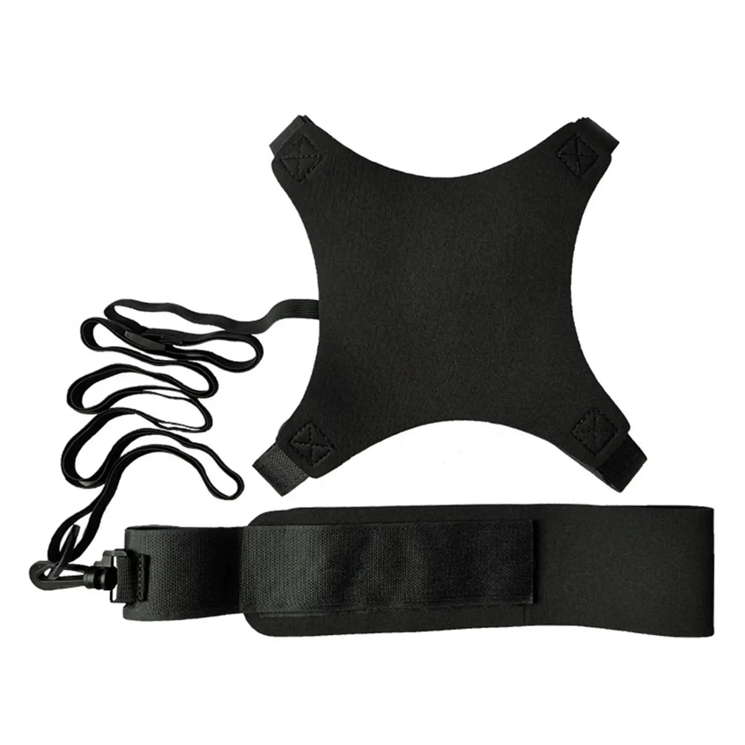 Une ceinture d’agilité et d’entraînement pour volleyball en entraînement solo en tissu noir, harnais de résistance avec sangles réglables et boucle de fixation sécurisée, présentée depuis l’arrière.
