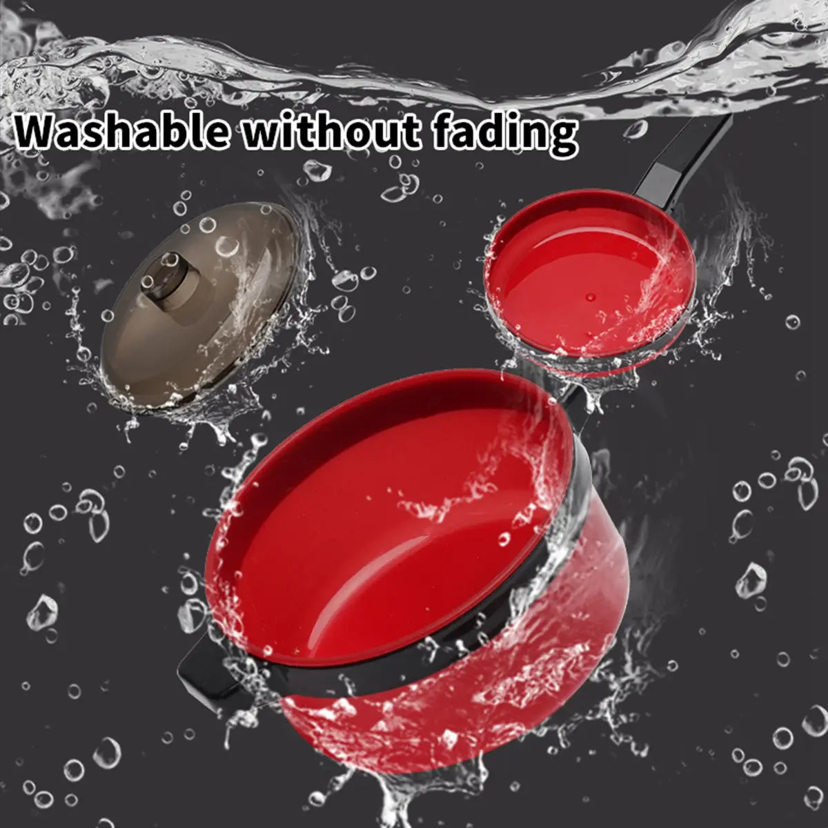 Rote Antihaft-Stielkasserolle mit schwarzem Griff und Deckel mit elegantem, modernem Design aus einem Kinder-Kochspielzeug-Geschirrset