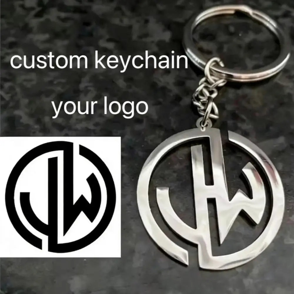 Silver metallic custom stainless steel logo keychain featuring a circular cutout design with stylized jlw lettering.