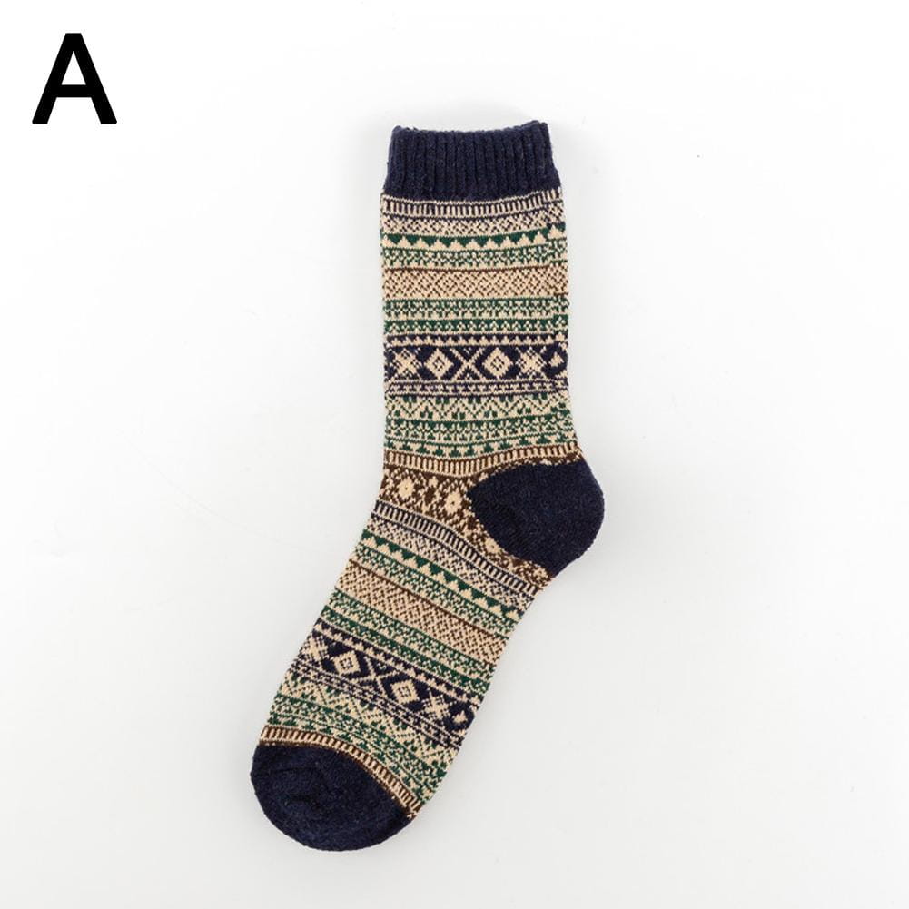 Men retro cotton crew socks mid-high tube thermal teal featuring a cozy knit with a traditional nordic-inspired pattern in beige green and dark navy with solid navy toe and cuff, reflecting the latest fashion trend.