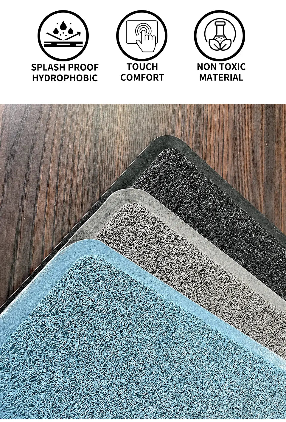 blue gray and black textured rubber mats with a mesh-like surface design for a waterproof dog feeding mat and cat litter mat large 24x16 black.