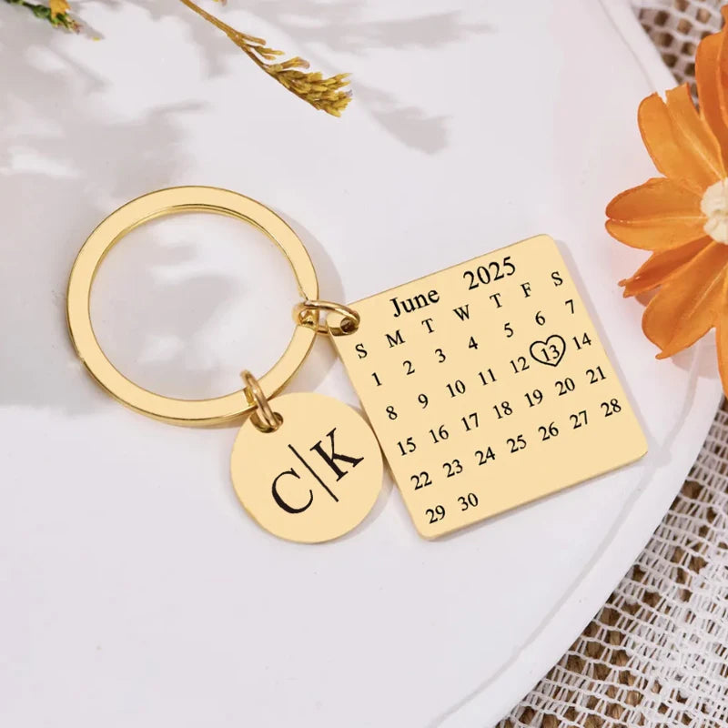 Personalized Name Keychain with Calendar, Stainless Steel Keychain Birthday Gift Keychains, Metal Keychain Wedding Gift Keychain