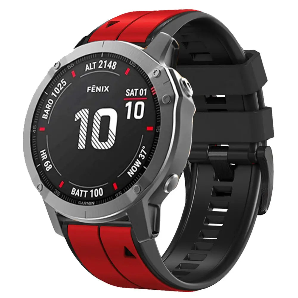 Rote und schwarze Garmin Fenix Smartwatch mit silberfarbenem Rahmen, mit strapazierfähigem Silikonarmband, entwickelt für Garmin Fenix und Garmin Forerunner-Modelle
