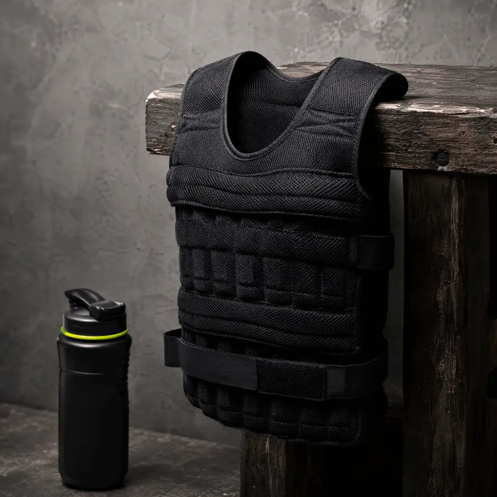 Black adjustable weight vest featuring sandwich mesh fabric with horizontal padded sections and weight blocks for fitness training.