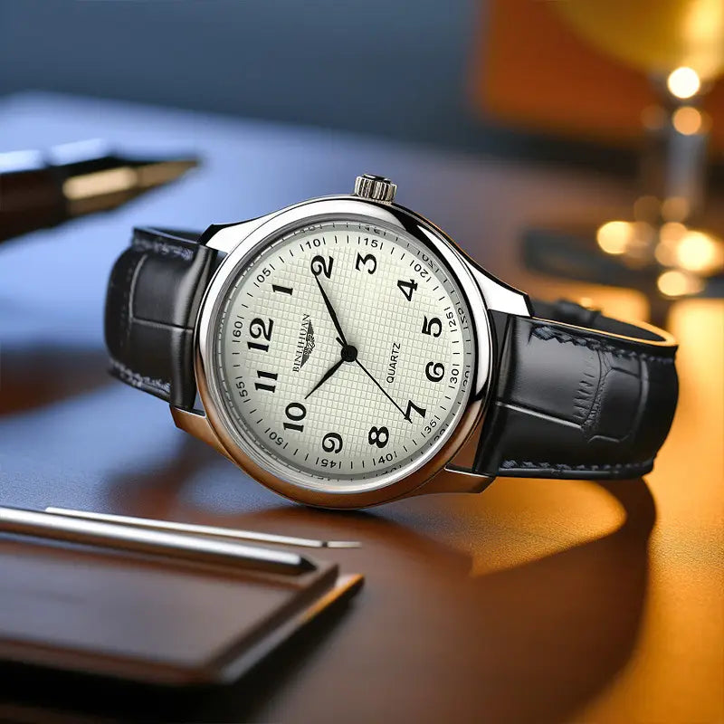 A sleek silver-toned mens quartz waterproof leather watch with a cream-colored dial and black crocodile texture strap designed for business use.