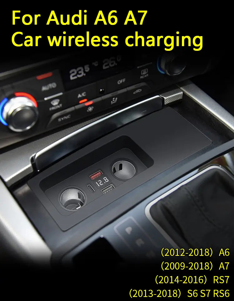 black wireless charging pad for audi a6 c7 rs6 s7 rs7 models featuring a sleek matte finish with integrated usb ports designed for car use