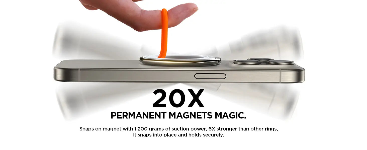 Un iPhone plateado elegante mostrado desde la parte posterior con un vibrante anillo circular magnético para teléfono de color naranja, con una característica especial para un agarre seguro y uso como soporte