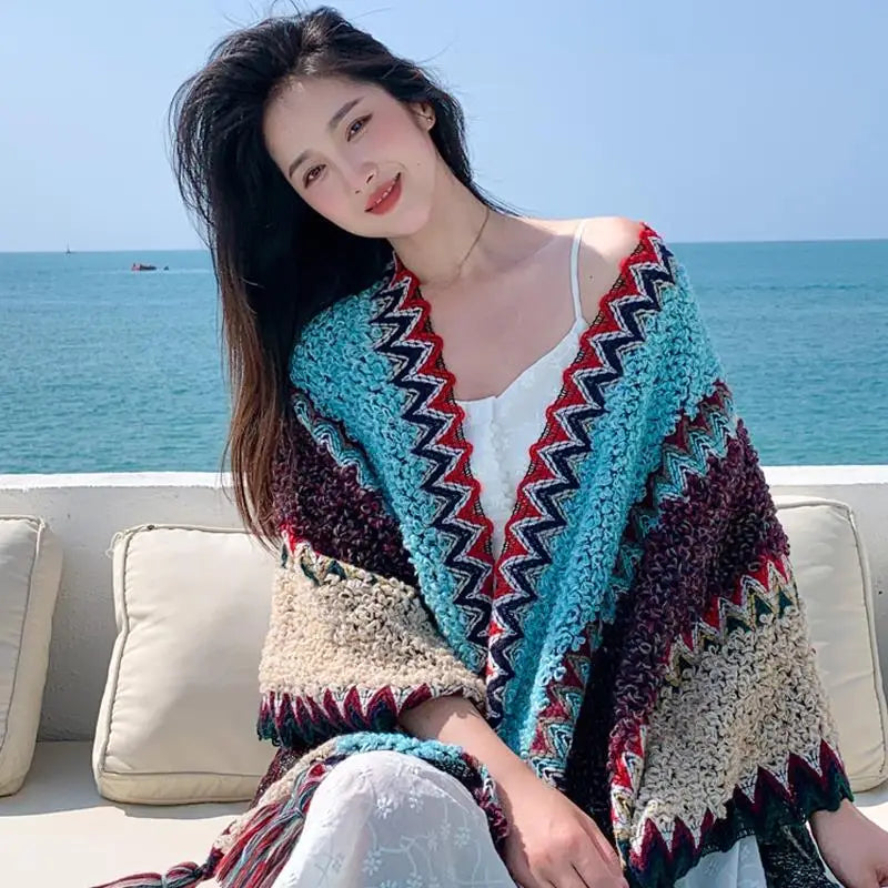 Ethnic Style Cape Oversized Sweater Jacket Women Fashion New Loose Patchwork Warm Long Scarf Knitted Cardigan Woman