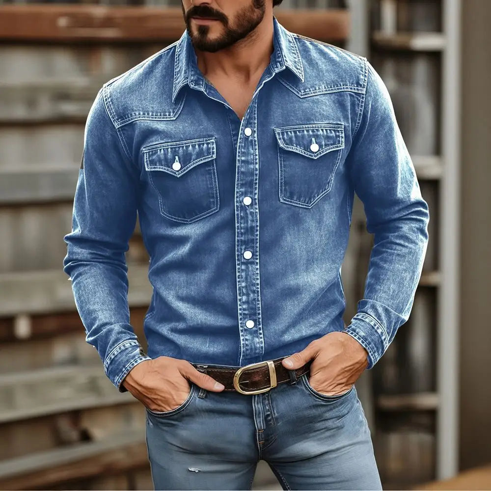 Men’s vintage denim shirt casual workwear featuring blue long sleeves white buttons and two chest pockets.