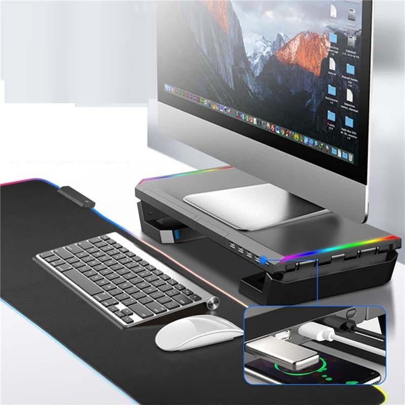 Support de moniteur RGB noir avec station d’accueil USB et tiroir de rangement, doté d’un éclairage RGB et de ports USB intégrés, conçu pour des installations de jeu organisées