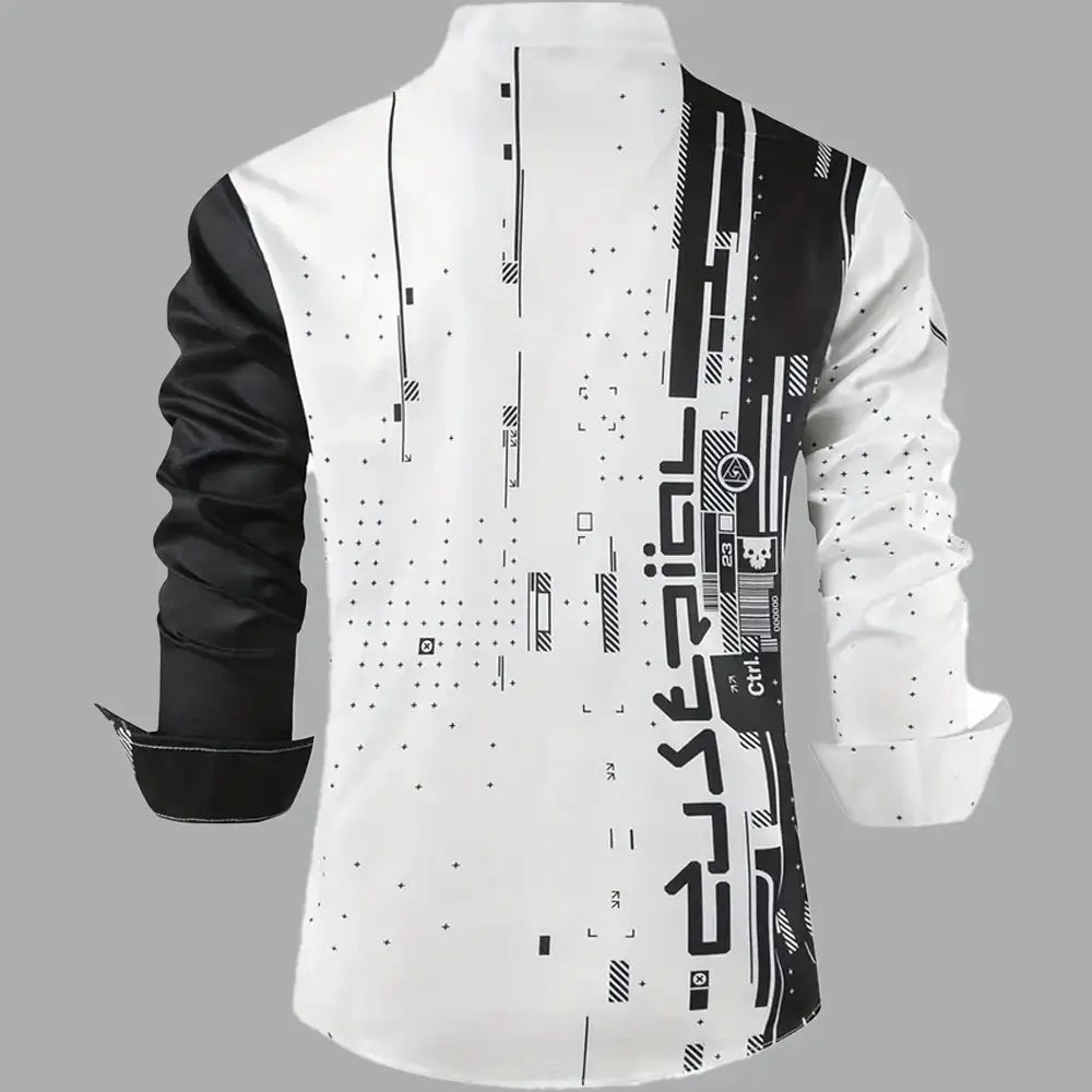 A white and black graphic button up long sleeve shirt for men featuring a futuristic digital print design with bold geometric patterns and text on the back side.