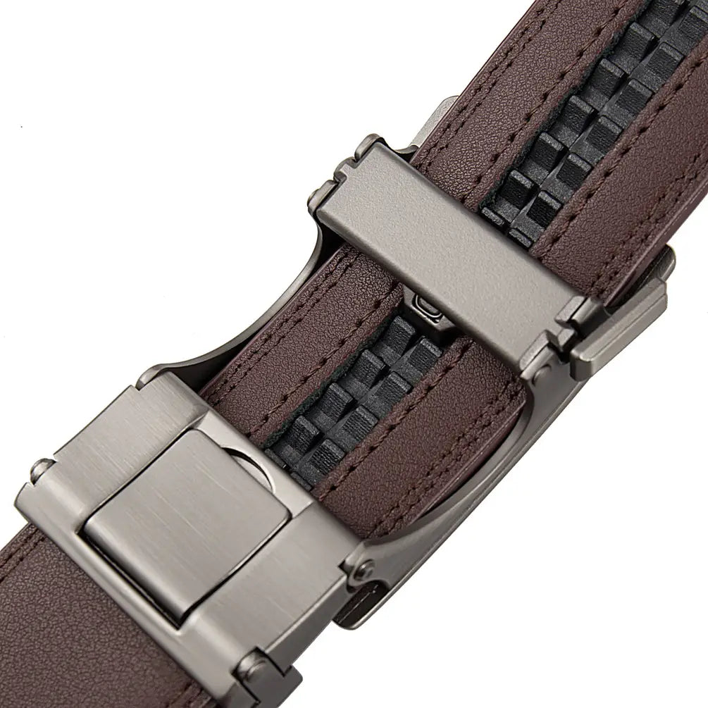 Ratchet leather belt for men featuring a brown leather strap with black woven detail and a silver-toned automatic buckle.
