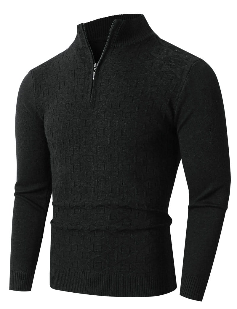 plus size mens half zip cable knit sweater in black textured knit with a half-zip collar and ribbed cuffs.