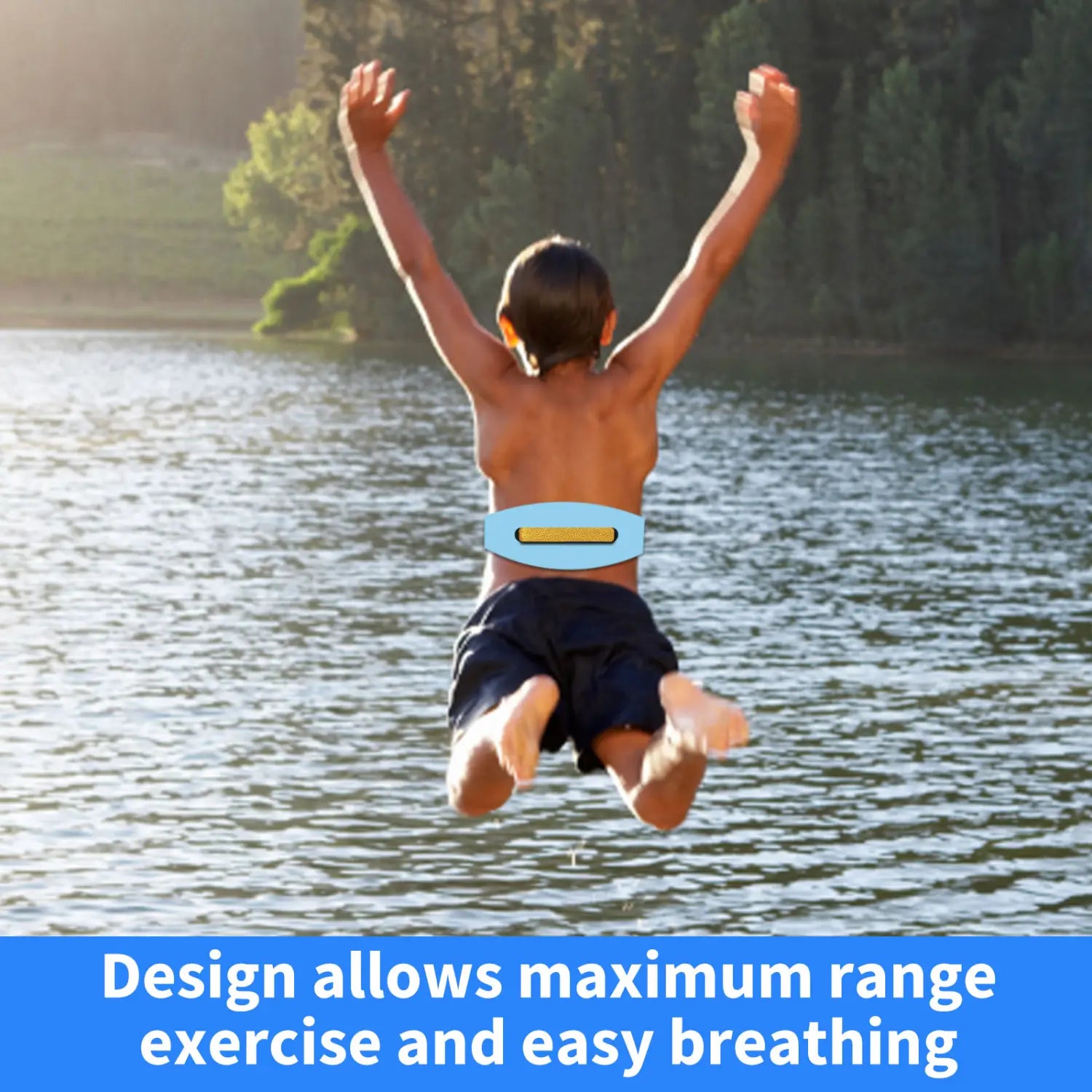 blue and yellow adjustable swim buoyancy belt made of durable material designed for lumbar support and training float purposes