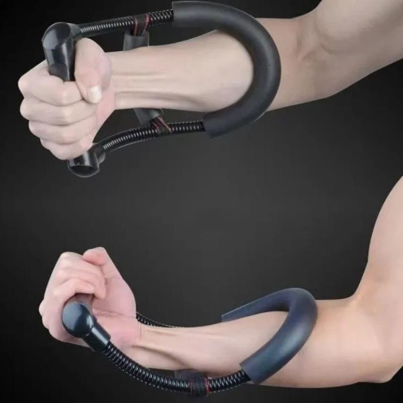 Black rubber-coated adjustable forearm strength trainer with electroplated carbon steel coiled spring mechanism for fitness training