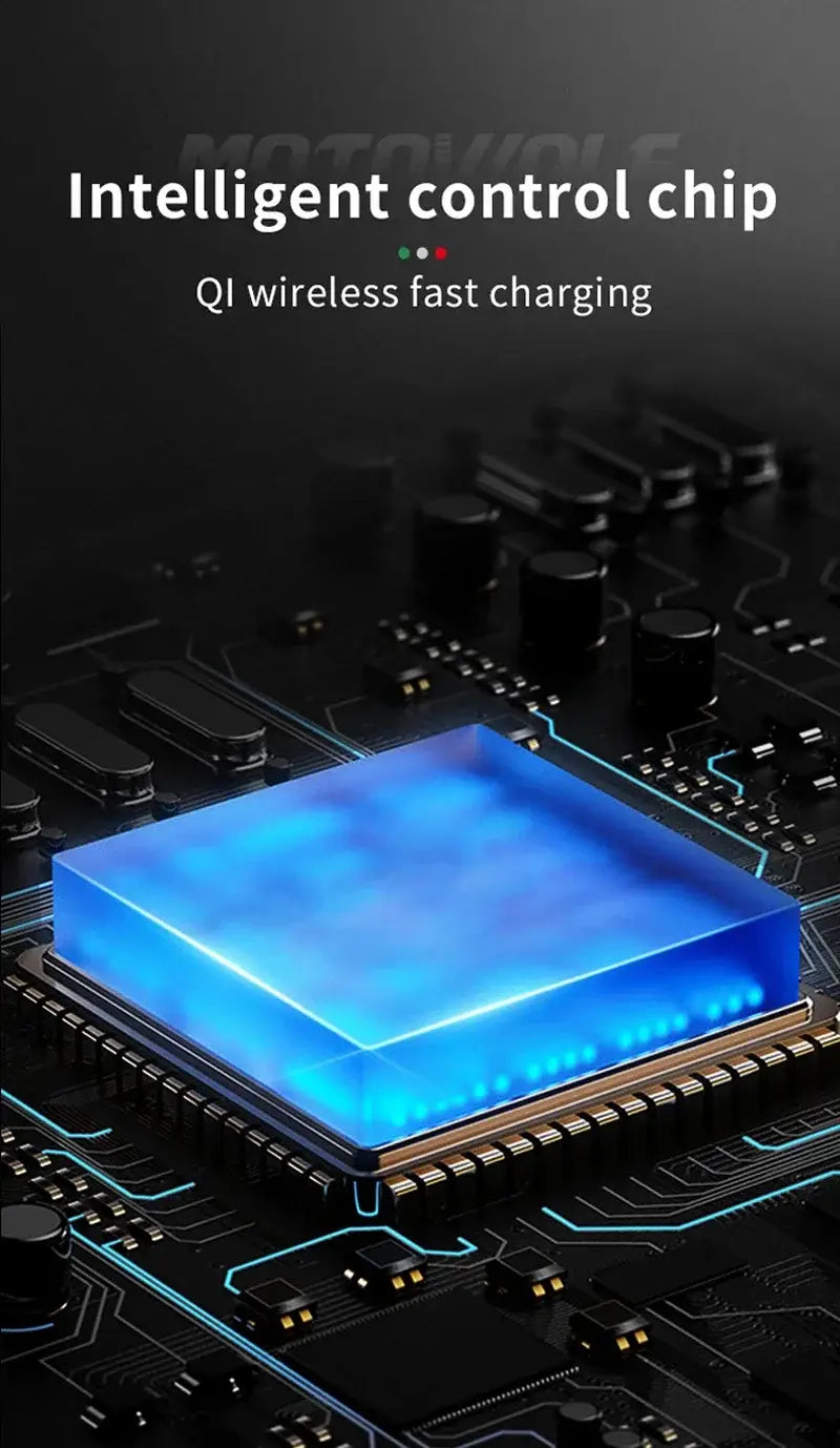 blue translucent square-shaped intelligent control chip with qi wireless fast charging capability for motorcycle wireless charging phone mount