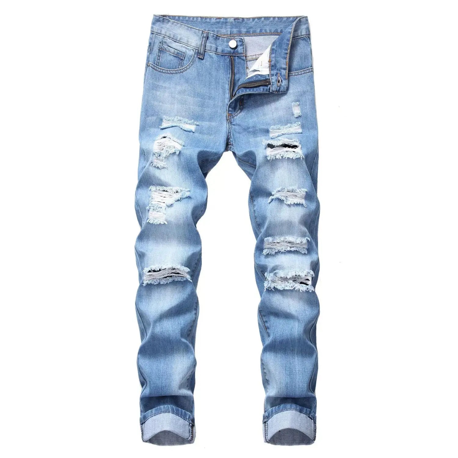 Distressed straight denim jeans for men in light-wash denim featuring multiple rips and frayed edges with a classic five-pocket design.