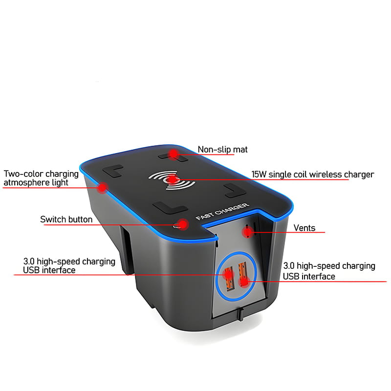 black and blue wireless car charger and charging station with usb ports designed for volvo xc90 xc60 v60 models