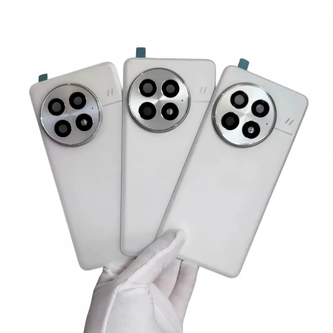three white oneplus 13 replacement back covers showing the back side with a circular silver camera frame glass lens housing four black lenses arranged in a square pattern