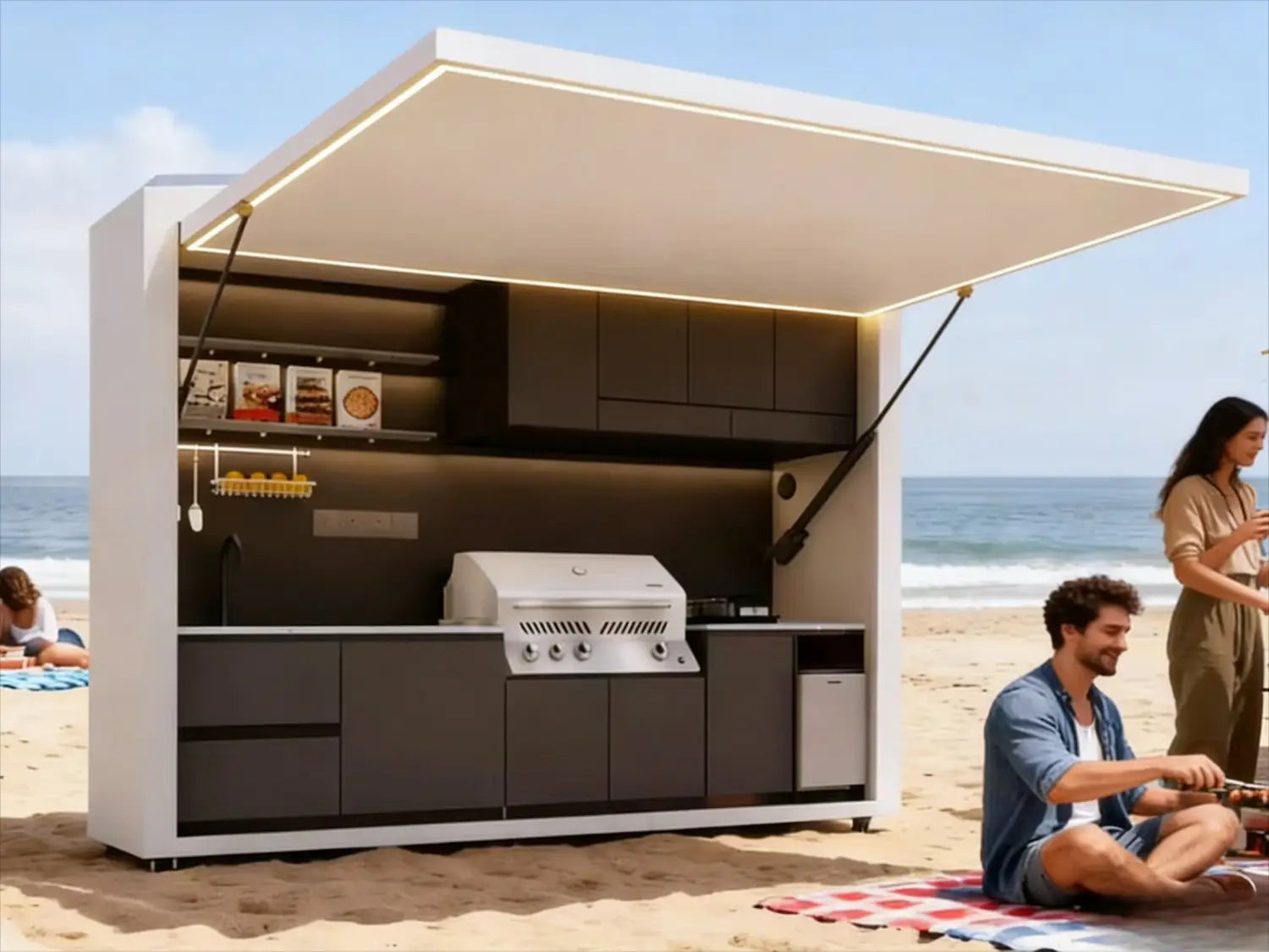 modern white and dark gray modular kitchen outdoor cabinet set with integrated grill designed as a beachside portable kitchen unit emphasizing customer service and convenience.