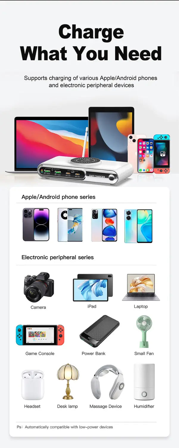 white rectangular wireless charging pad with circular induction coil surface and multiple usb ports along its side from the 72w 6-in-1 wireless charging station product