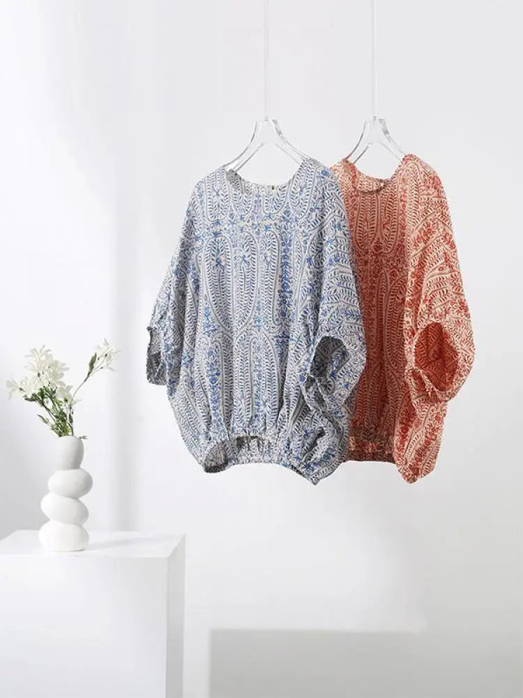 Elegant Blouses Women Vintage Bow Bandage Print Shirts Office Lady Summer Korean Batwing Sleeve Casual All Match Chic Tops