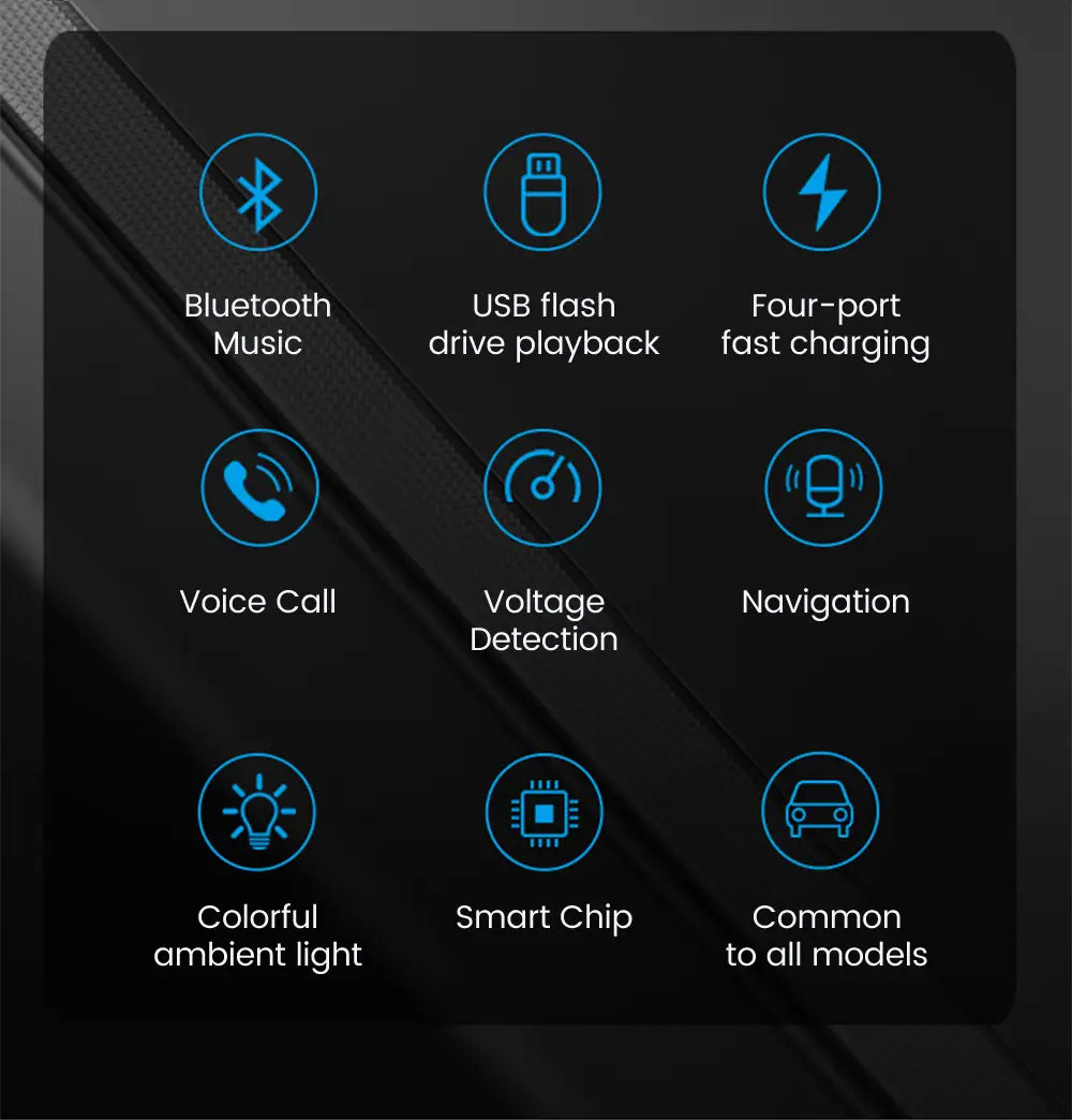 Black Bluetooth FM transmitter car charger with dual USB ports and RGB lighting displaying blue icons for Bluetooth music, USB flash drive playback, and four-port fast charging features.