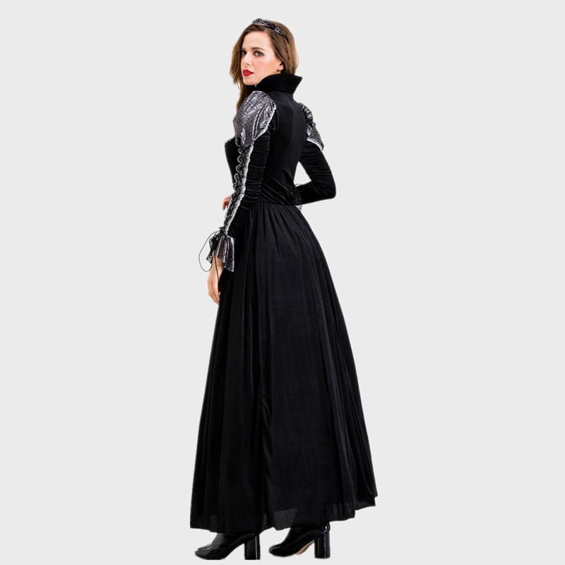 black velvet gown with silver embellished sleeves and high collar from the gothic vampire queen costume collection