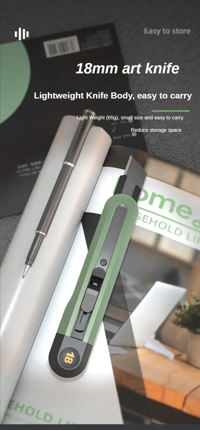 A sleek 18mm deli multitool hand repair tool kit art knife with a matte green and black ergonomic body for easy handling.