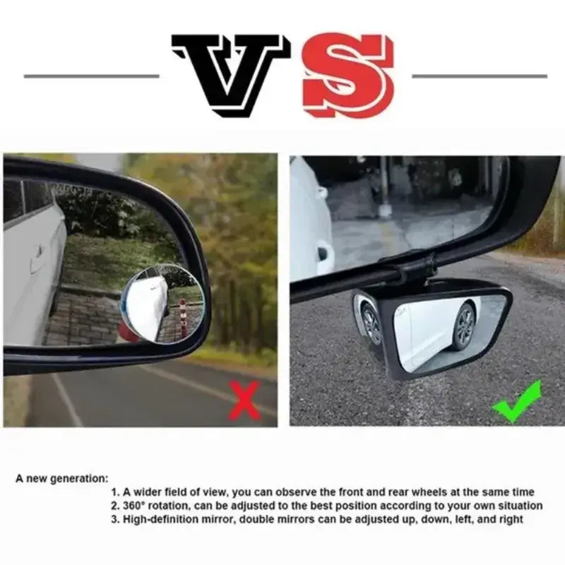 black and silver car blind spot mirror shown from the back with a 360-degree rotating design for adjustable enhanced visibility