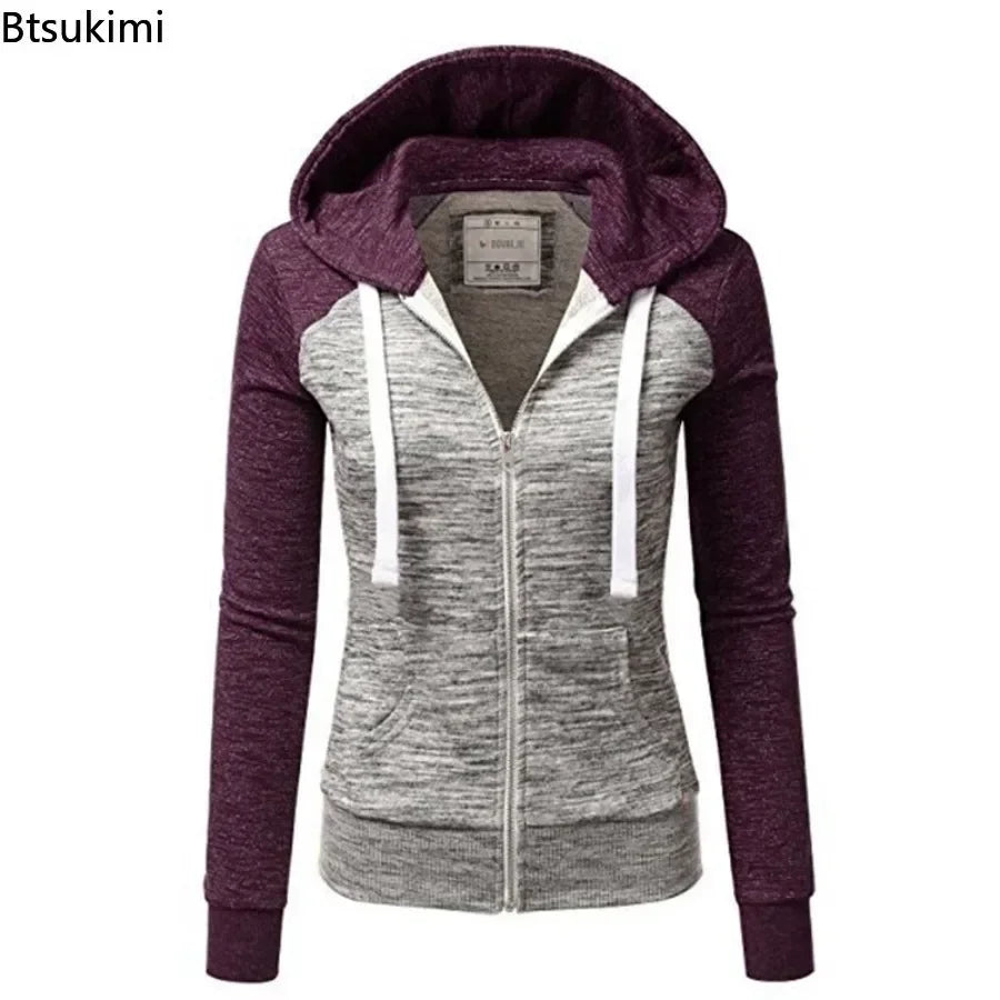 2026 Women's Long Sleeve Hoodies Fashion Splice Design Hooded Drawstring Sport Zip-up Coats Women Casual Color Block Sweatshirts