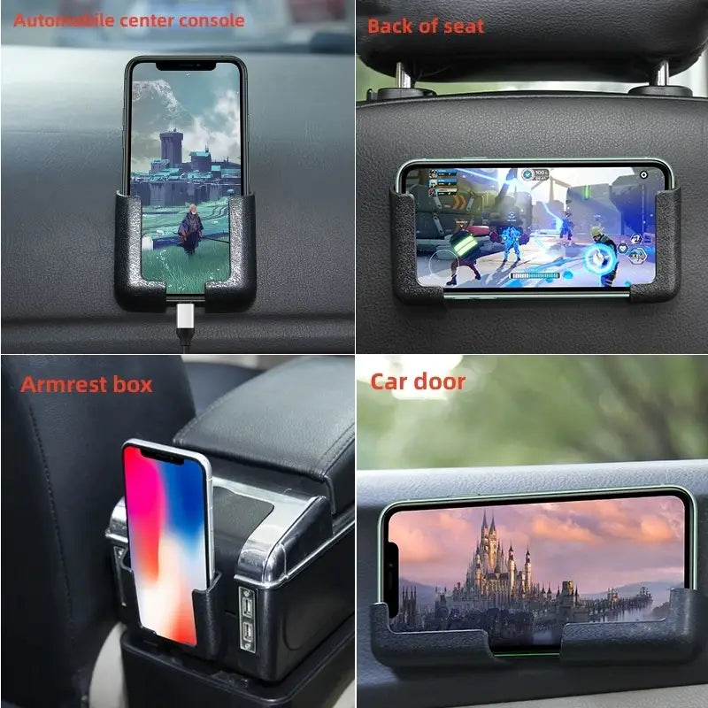 Soporte para teléfono móvil de coche negro con agarre con textura y puertos de cargador USB, diseñado para diversas superficies del automóvil