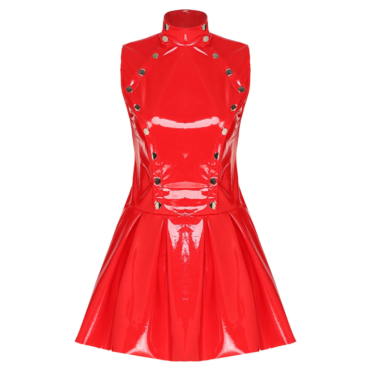 Womens Wet Look PU Leather Latex Dress Open Front Pressing Buttons Overlay Rivets A-line Flare Pleated Hem Glossy Vinyl Dress