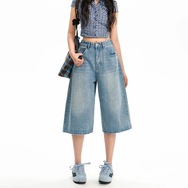 Korean Casual High Waisted Denim Shorts for Women Spring Summer Baggy Jeans Shorts Y2k A-Line Wide Leg Casual Jeans High Street