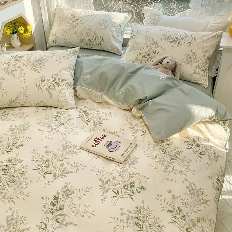 Ins Style Pink Flower Printed Bedding Set Soft Skin-friendly Duvet Cover Set Reactive Dyeing Bed Linens for Girls Bedroom