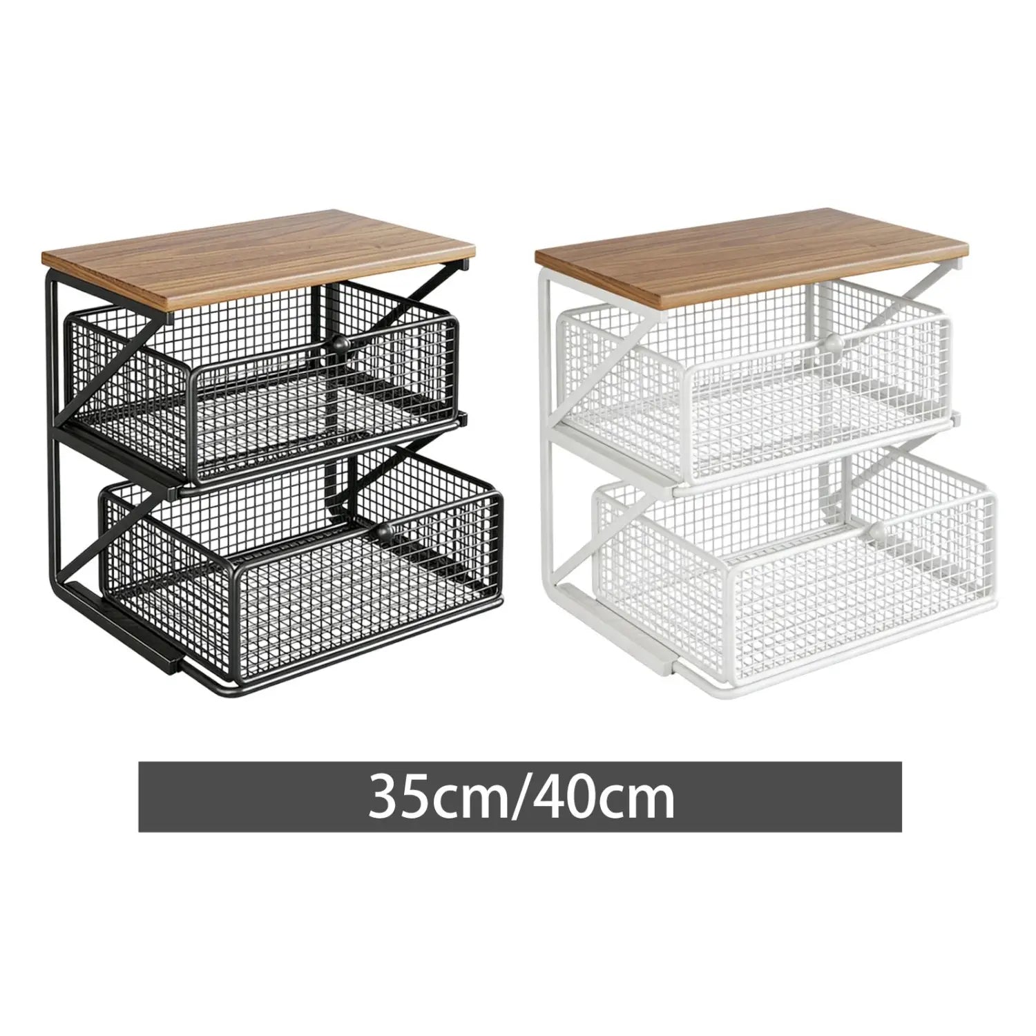 two-tiered wire mesh coffee station organizers with wooden counter shelves and drawers in black and white for countertop storage and organization
