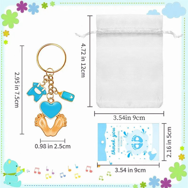 Baby Shower Favors For Boy And Gir With Footprint Keychains Gifts With Bottle Baby Clothes White Organza Bags For Party Supplies