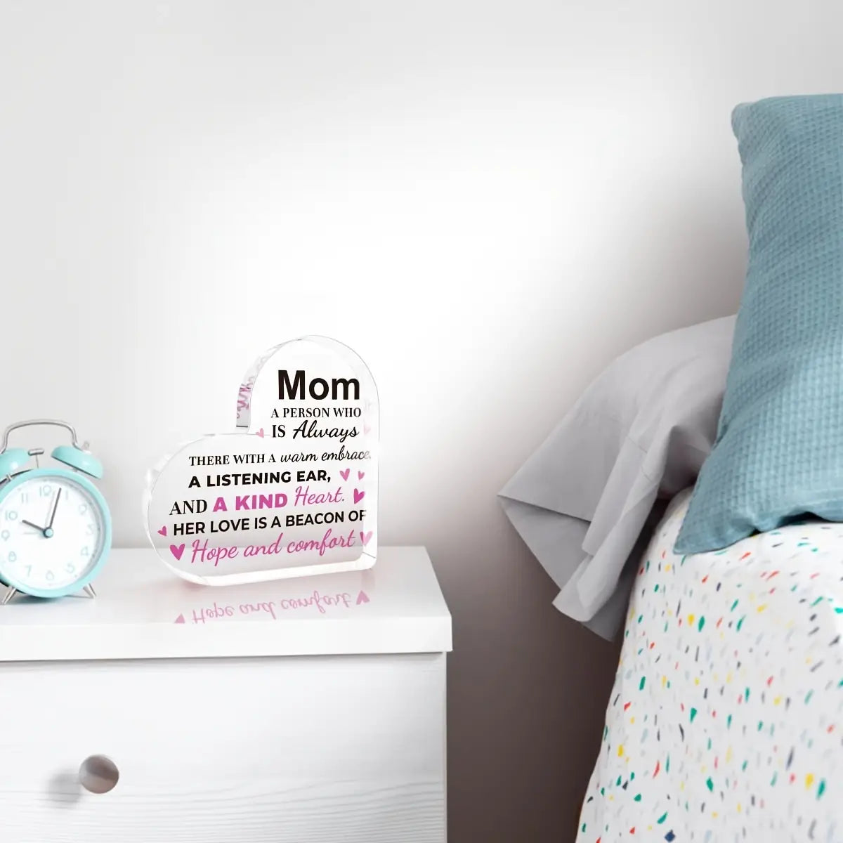 clear heart-shaped acrylic plaque with black and pink text reading mom a person who is always there with a warm embrace for a mom acrylic heart keepsake gift