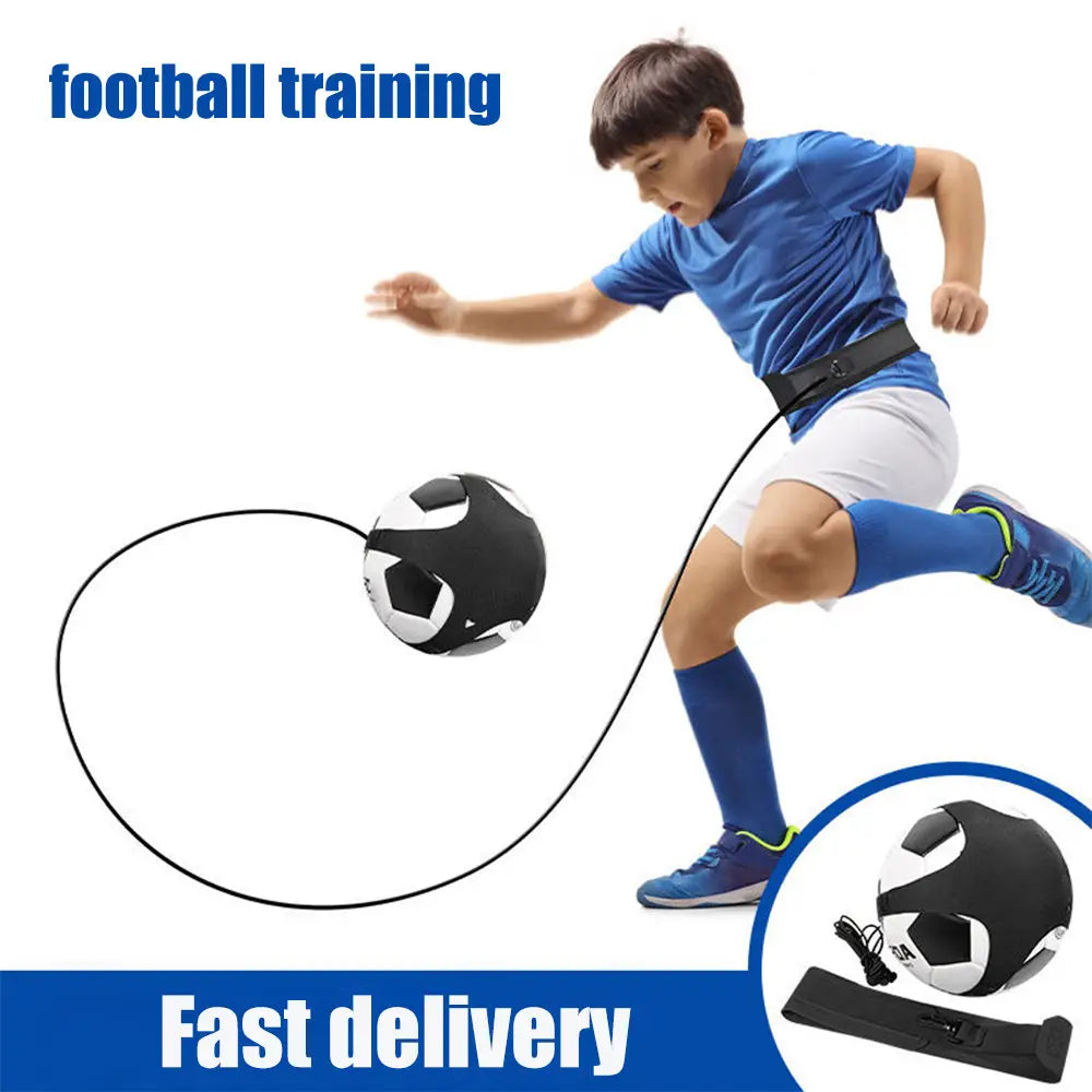 Solo football training aid featuring a black and white football ball with a black cord attached and an adjustable waist belt designed for kicking drills.