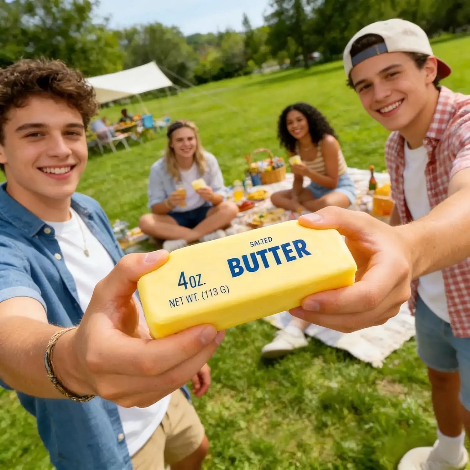 a yellow rectangular block of salted butter labeled 4oz designed as a slow rising squishy butter stress relief toy for butter squeeze use