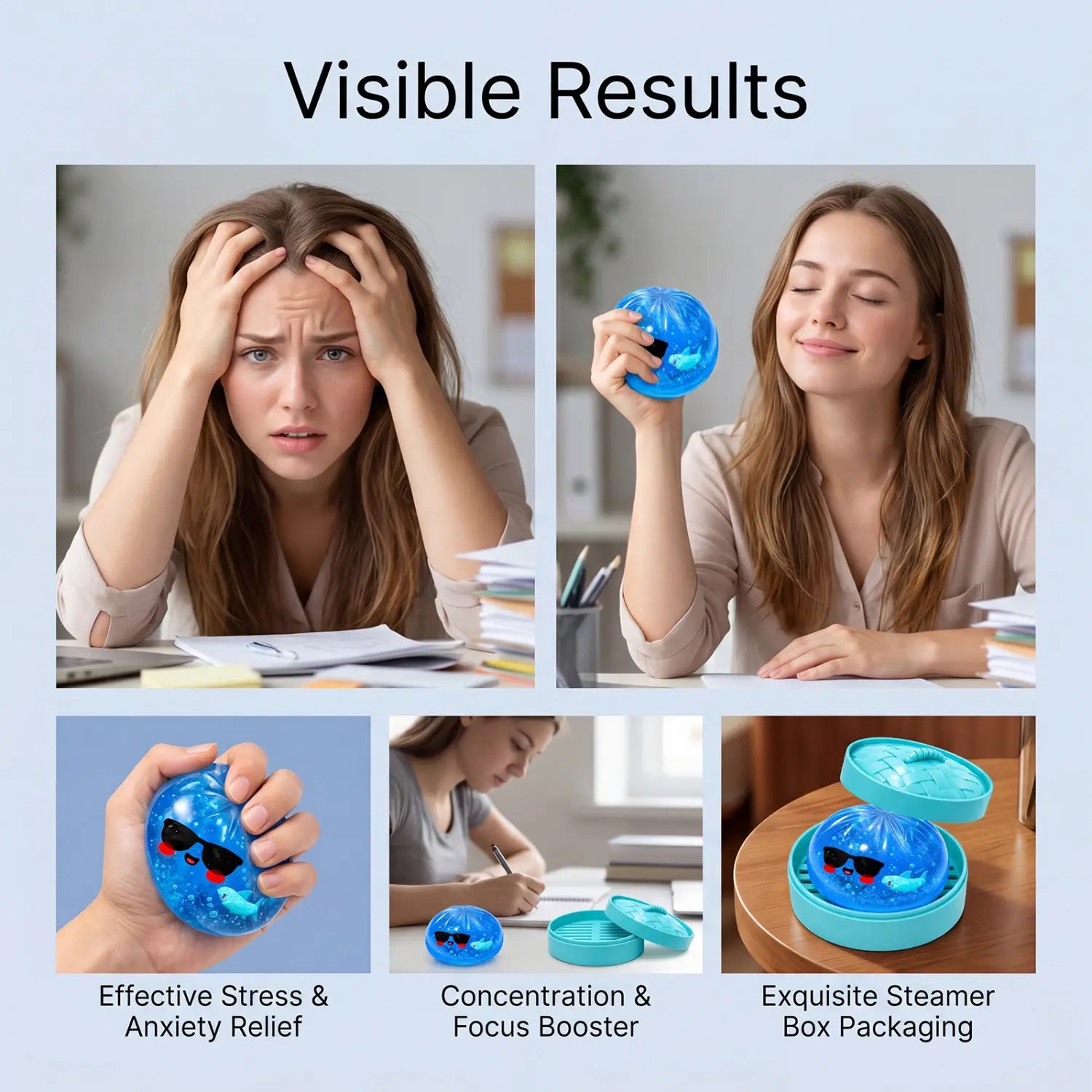 Blue translucent squishy dumpling stress ball finished goods with black sunglasses and red cheeks designed for anxiety relief and focus boosting