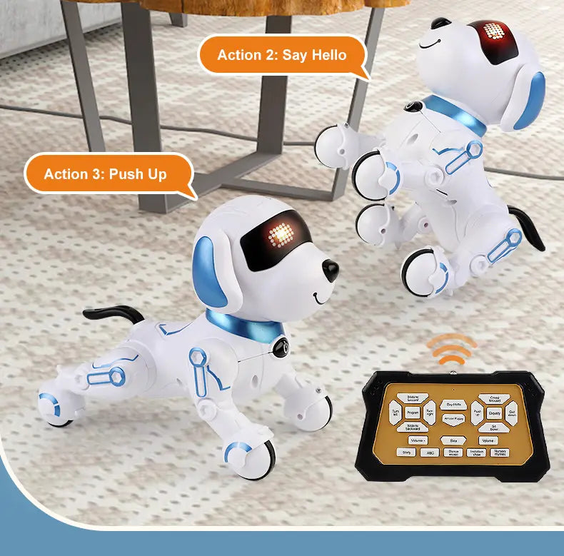 white robotic dog with blue accents and led eyes featuring a remote control for interactive smart electronic stunt pet play