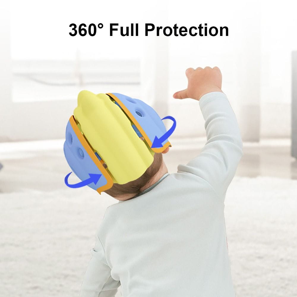 Babysicherheitshelm in Blau und Gelb mit atmungsaktivem Material und orangefarbenen Riemen, ausgelegt als Schutz für den Kinderkopf.