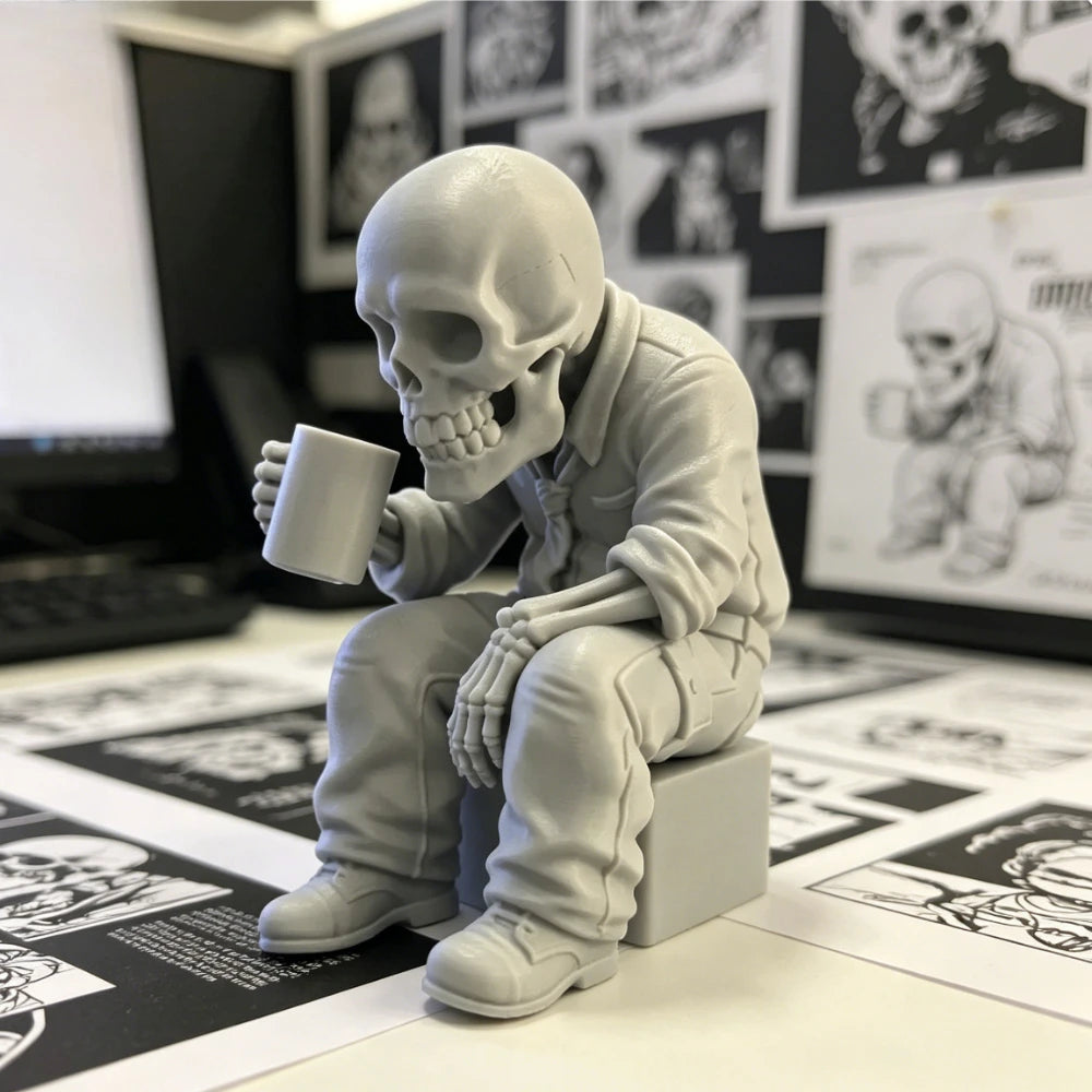 Gothic Eerie Office Worker Skeleton Miniature Figurine Seated Coffee Drinking Skull Desk Ornaments Humor Home Office Decor Gifts