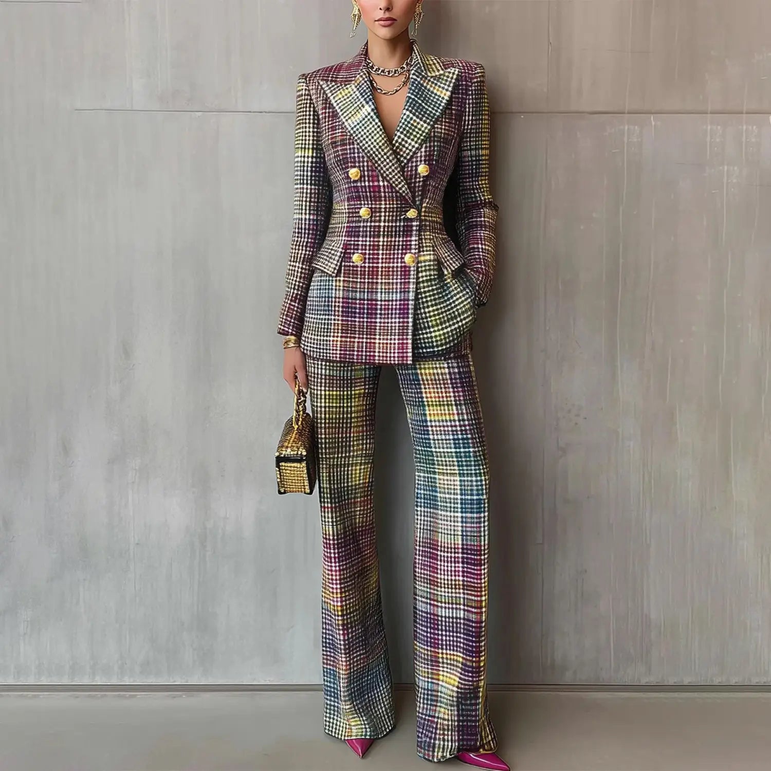 Mehrfarbiges Karo-Damen-Blazer-Hosen-Set aus Synthetikfaser mit goldfarbenem Knopfverschluss und passenden Wide-Leg-Hosen.
